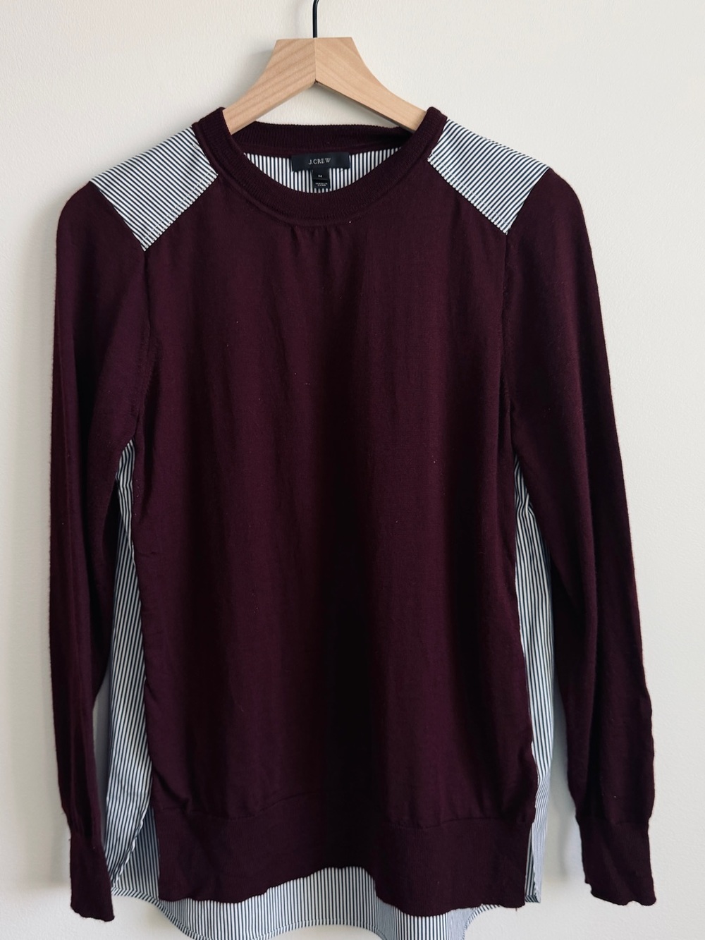 J. Crew |  Merino Wool Wine Crewneck Sweater with Navy Striped Cotton Back | M